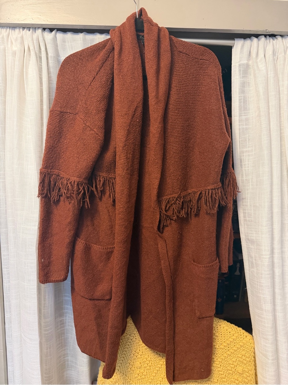 Fringed Open-Front Knit Cardigan Jacket - Rust